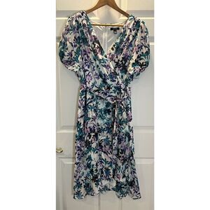 Chaps Women Faux Wrap Dress Size 16 Green, Purple & White Lined Sheer Sleeves